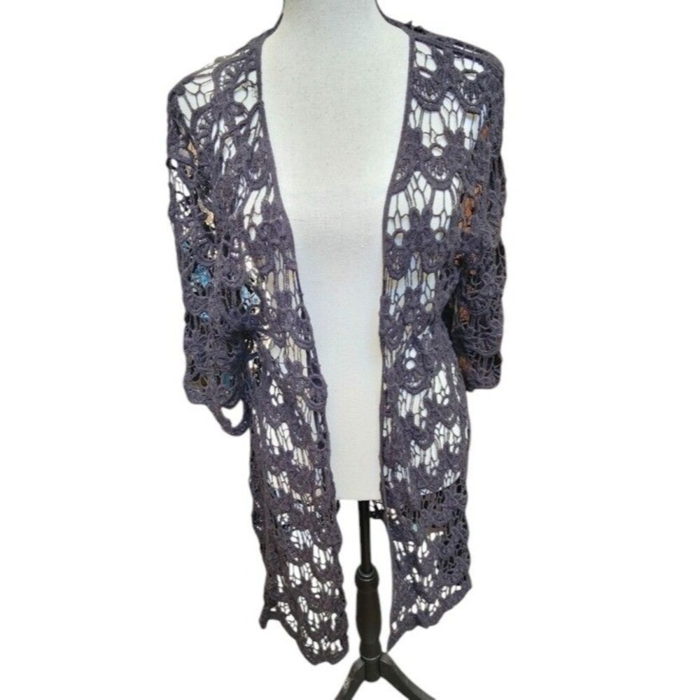 Say What? Crochet Kimono Tunic Open Front Black Size Medium Lace Design
